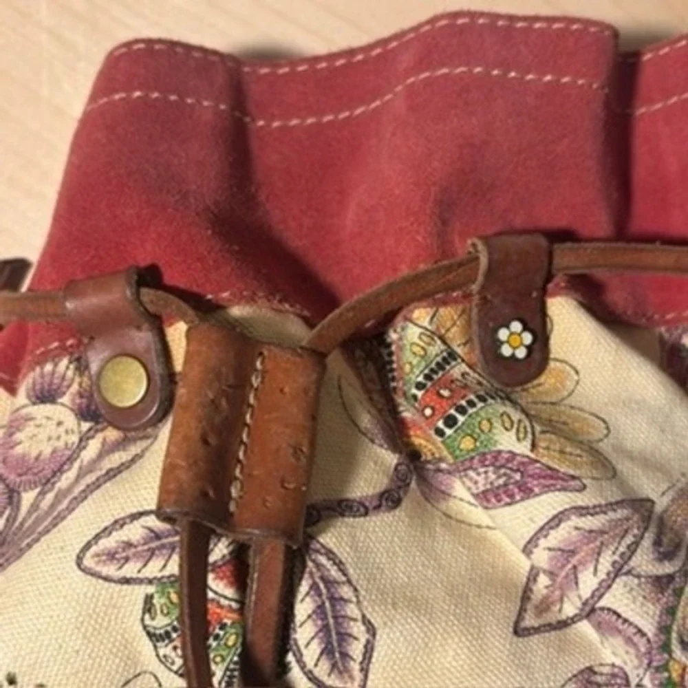 Lucky Brand Backpack Multicolor Floral Suede Canvas Drawstring Boho Skool Laptop